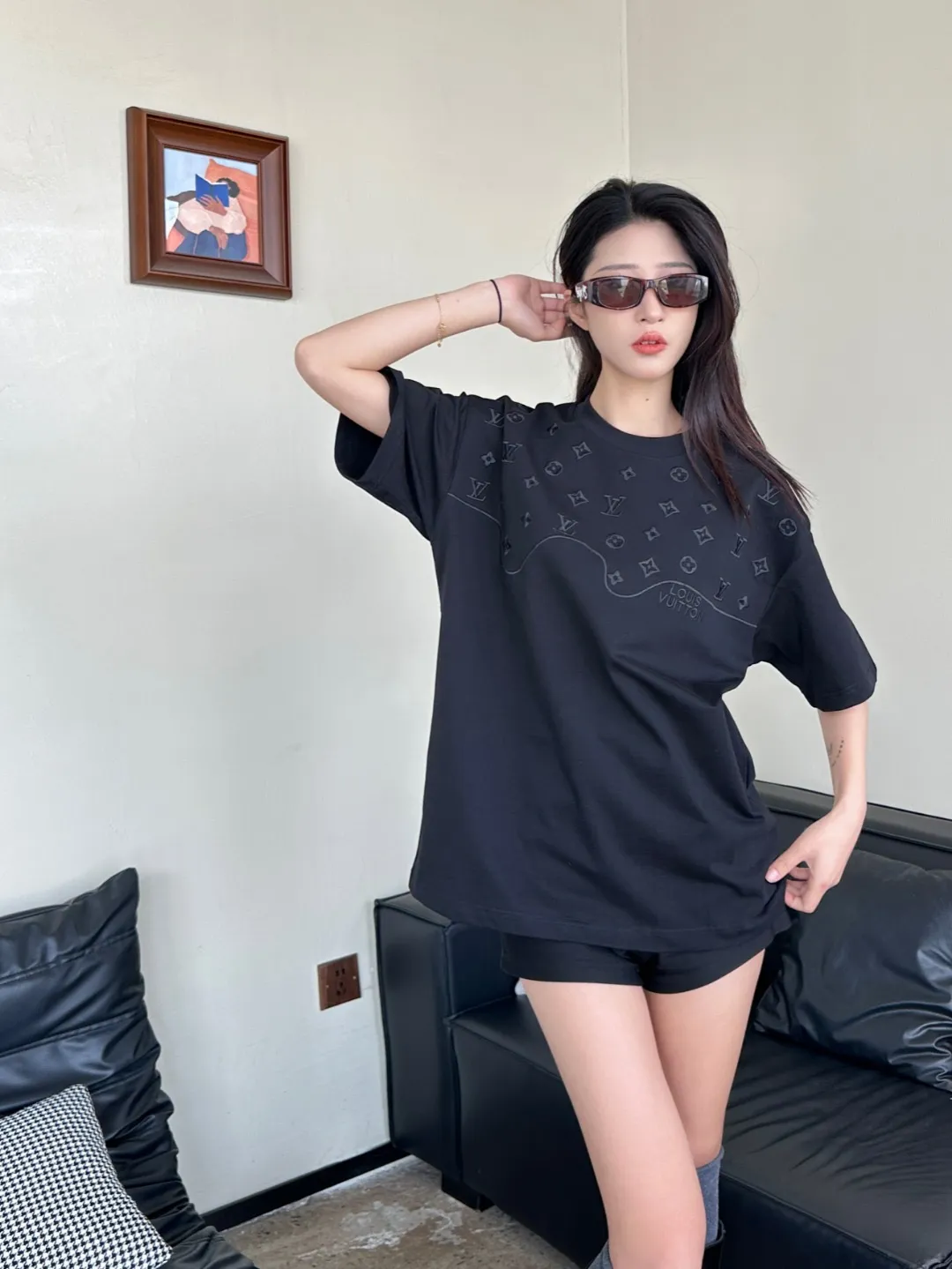 Louis Vuitton/Louis Vuitton dark pattern half-length presbyopic logo embroidered short sleeves